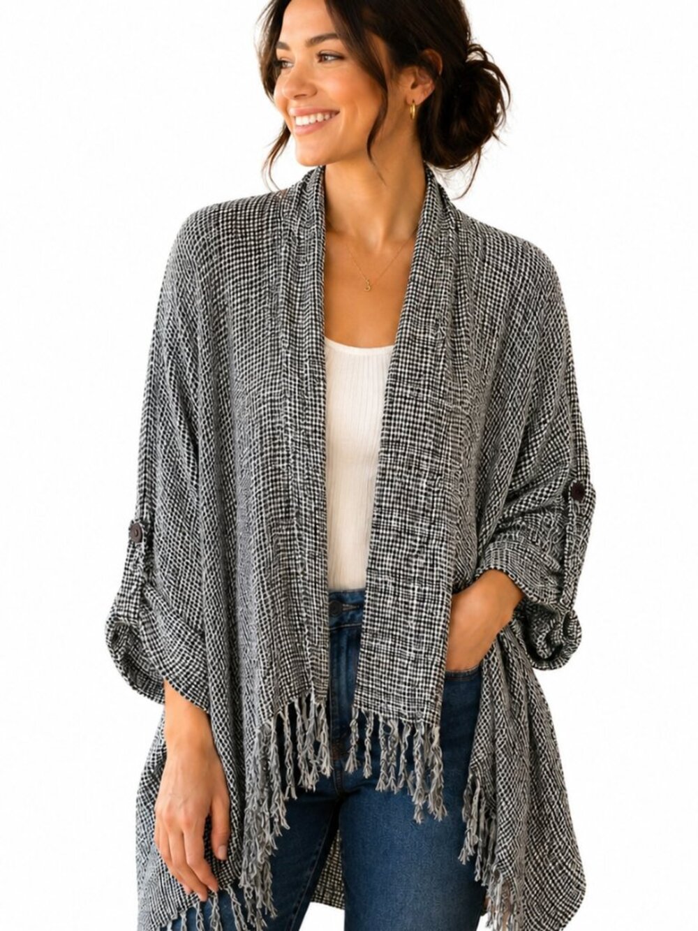 Plaid Waterfall Fringe Front Jacket with Role Tab Sleeves